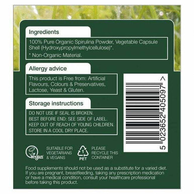 Organic Spirulina 500mg - 90 Capsules support protein intake vegan