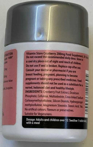 Cranberry 200mg Food supplement 30 tablets cranberry extract, providing a natural solution for urinary tract health