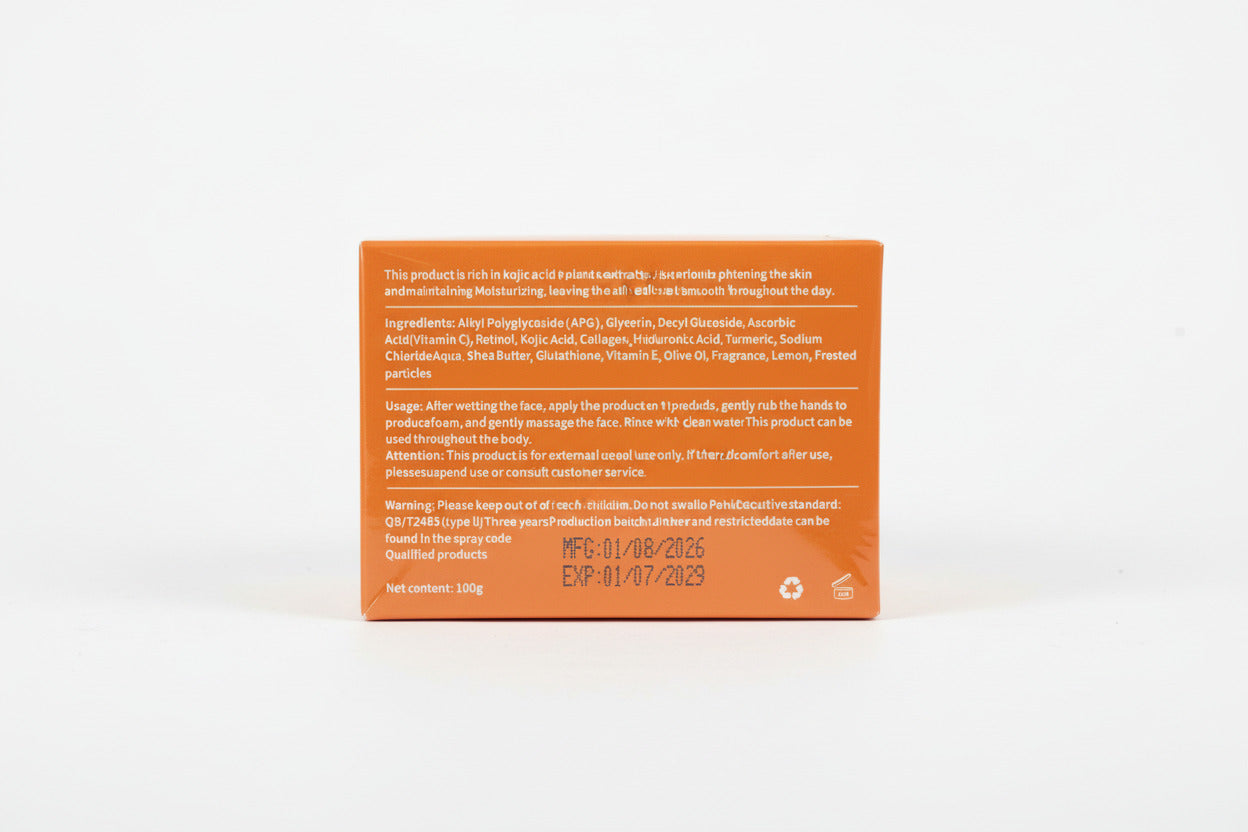 Product packaging with text on a white surface