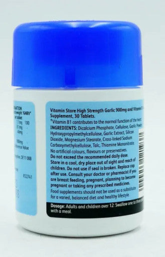 high strength Garlic 900mg and Vitamin B1 tablets 30 vegan healthy heart