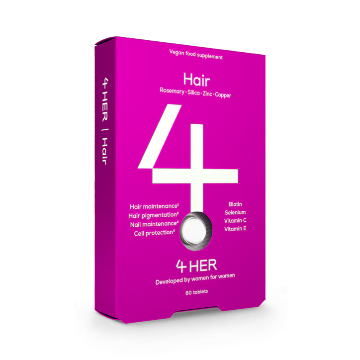 4HER Hair Food is a well-rounded, vegan-friendly supplement crafted to nourish hair and nails from the inside out. With quality actives like millet and rosemary extracts, copper for color, and key vitamins for cell protection, it's designed for anyone seeking visible improvements in hair strength, density, and shine.