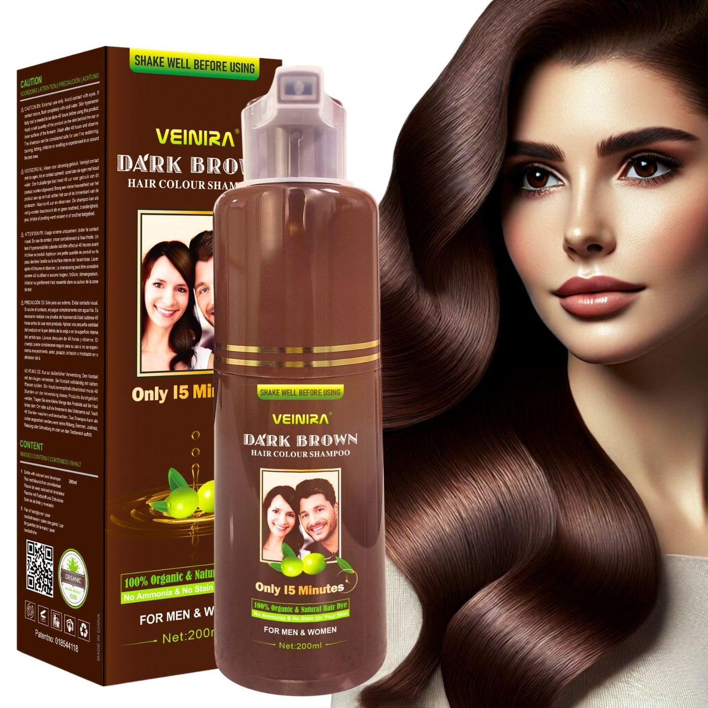 Veinira Hair Colour Shampoo 200ml | Black, Brown & Dark Brown | Instant Grey Coverage