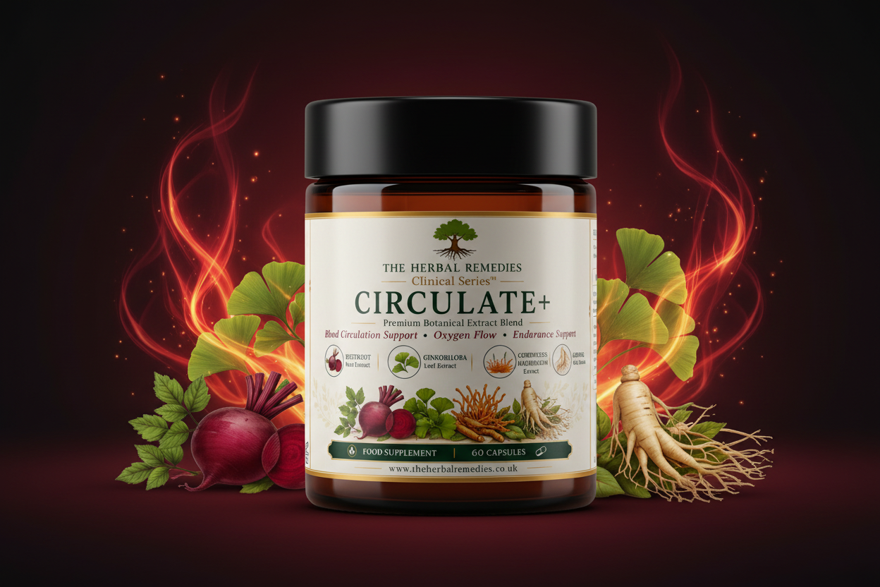 Circulate+ herbal blend with beetroot, ginkgo and cordyceps designed to support circulation, oxygen flow and vascular wellness.