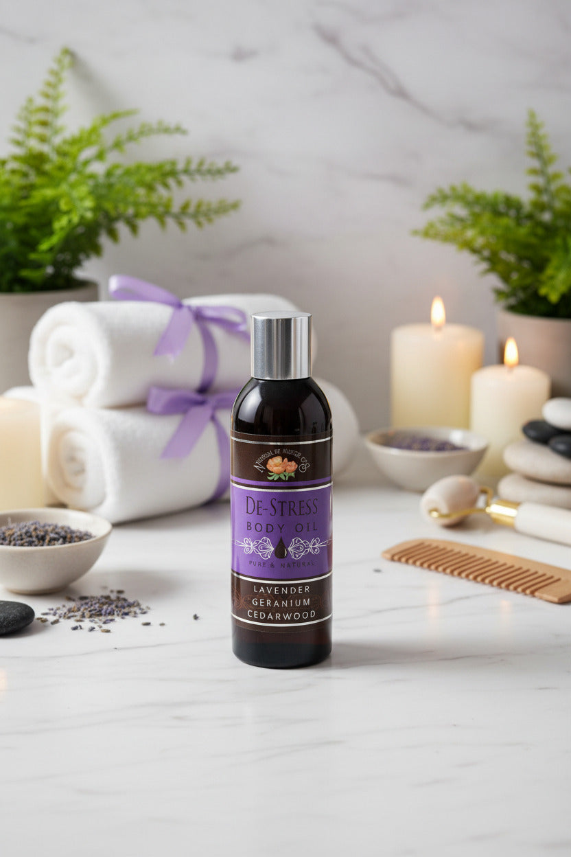 Bottle of 'De-Stress' body oil on a light surface with keyboard in the background