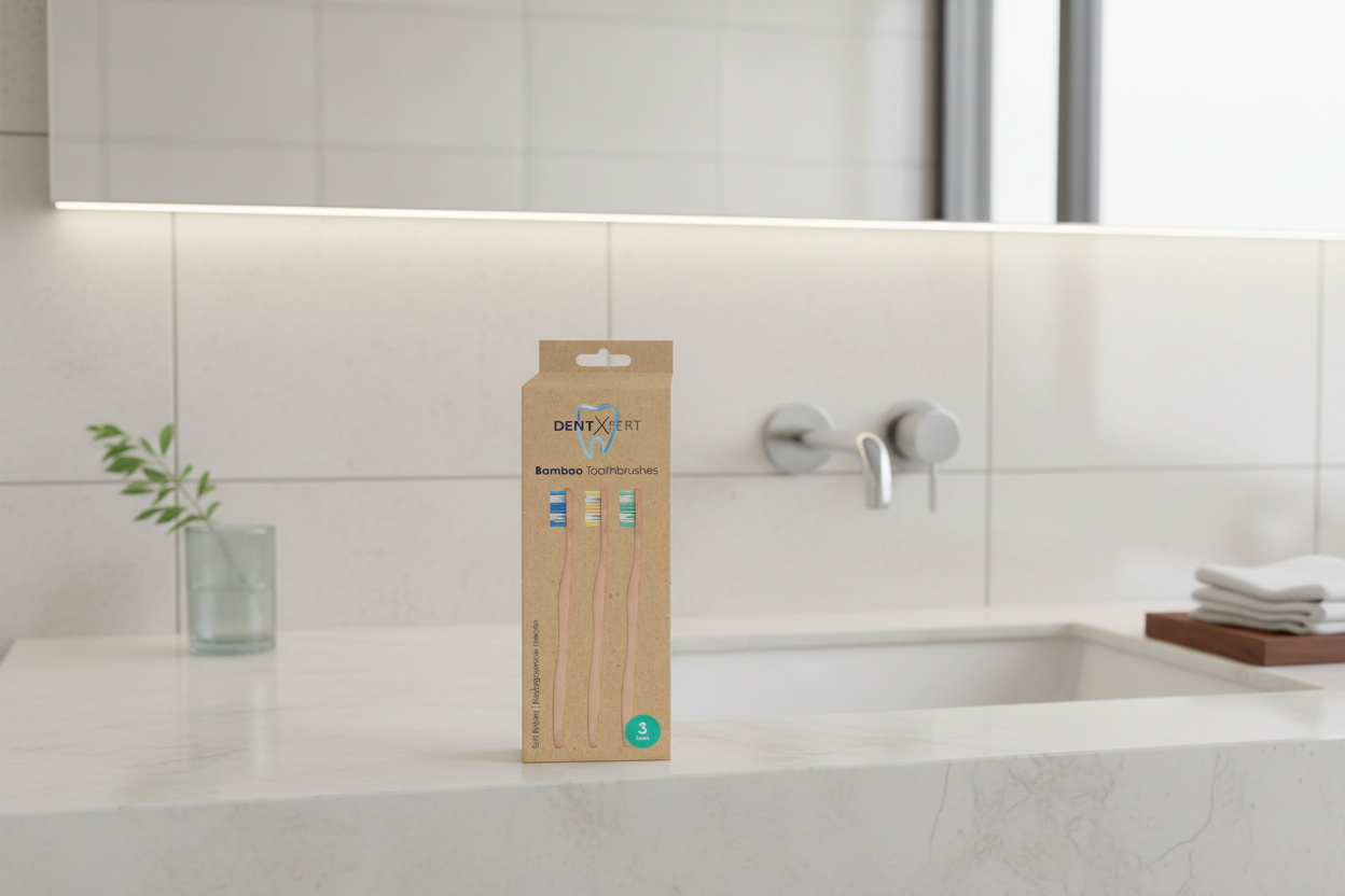 Dentxpert bamboo toothbrushes with three toothbrushes inside.