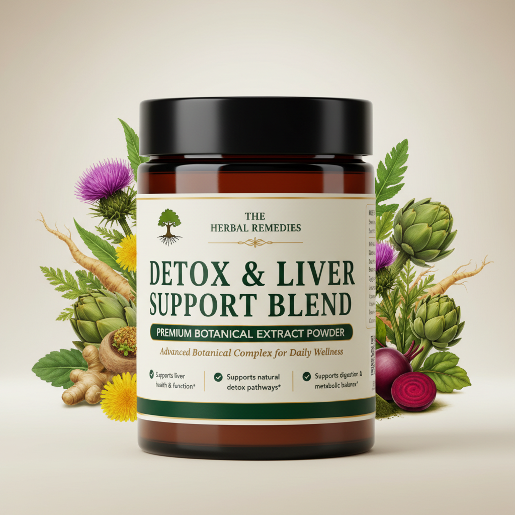 Detox & Liver Support Blend with milk thistle, turmeric and dandelion designed to support liver function, detox and internal balance.