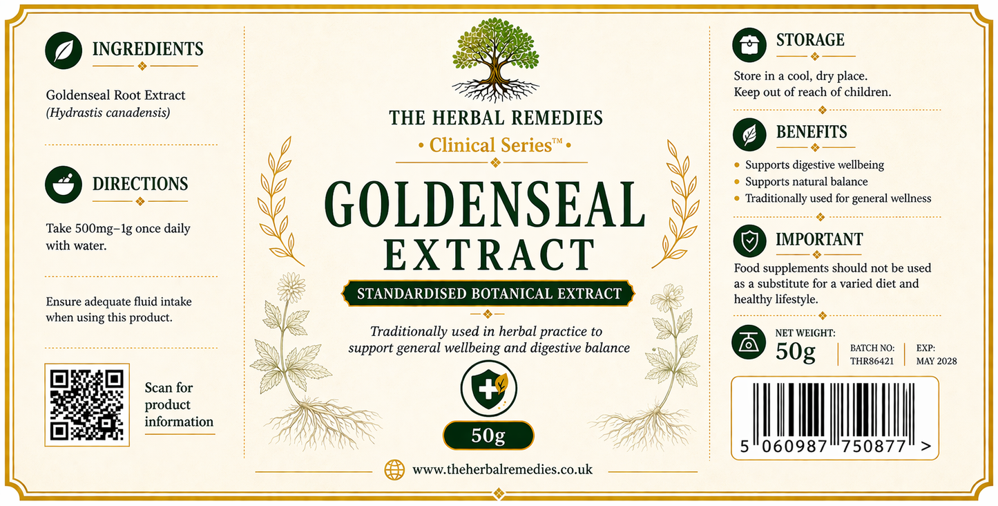 Label of Goldenseal Extract from The Herbal Remedies Clinical Series with ingredients, directions, storage, and benefits information.