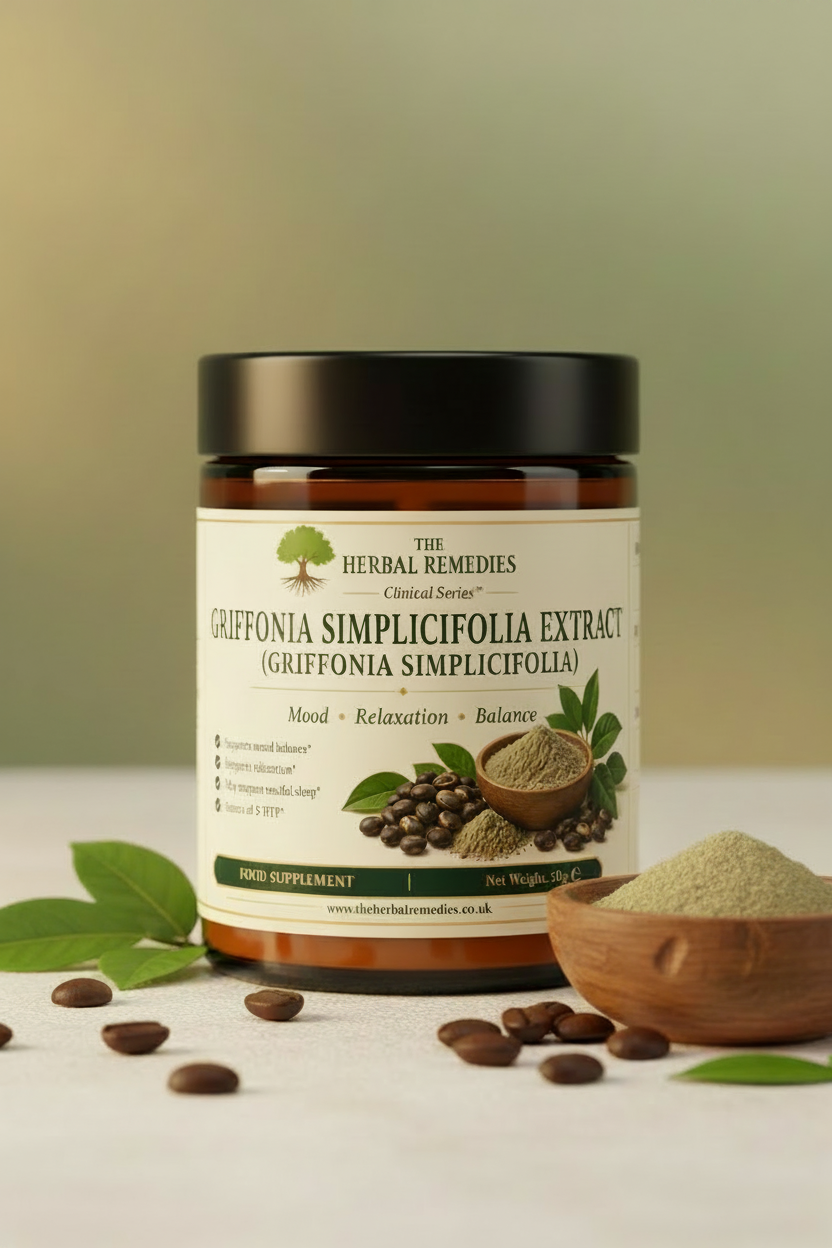 Front and back views of a herbal supplement label for Griffonia simplicifolia extract by The Herbal Remedies, showing ingredients, suggested use, and product details on a cream background.