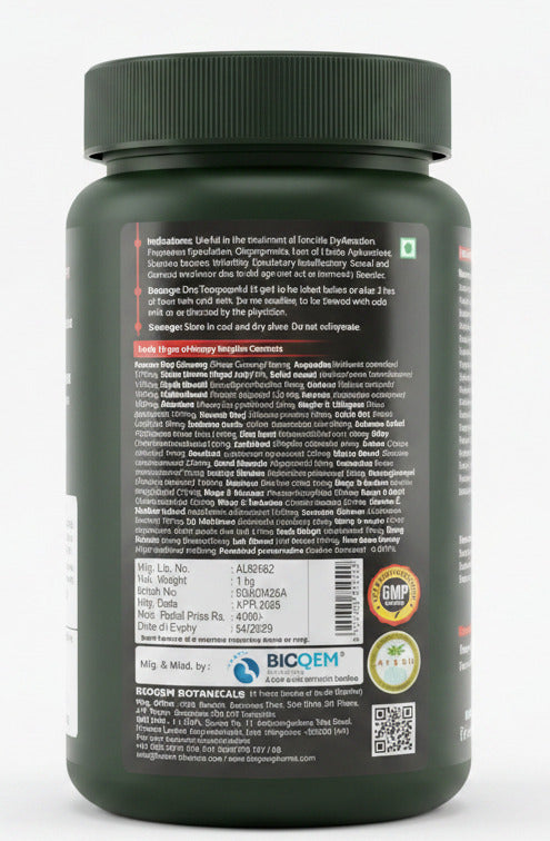 A close-up of the back label of a BIOQEM Botanicals product container, showing text, barcode, and certification logos on a dark bottle.