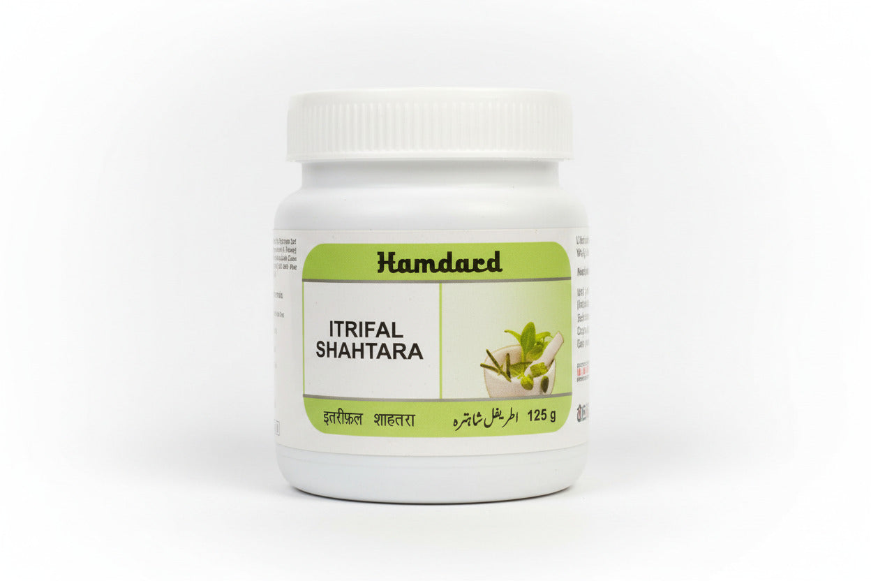 Hamdard Itrifal Shahtara container on a white background