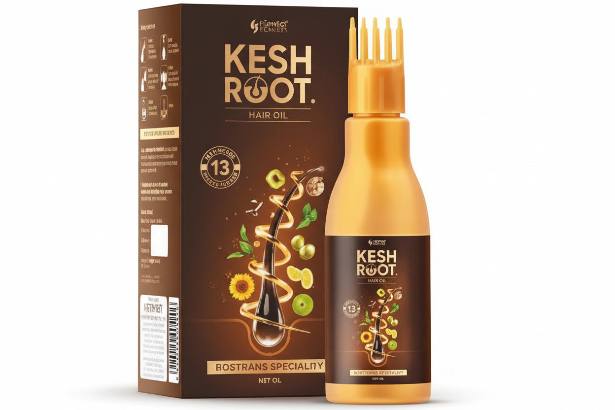 Kesh Root hair care product packaging with a gold bottle and box on a white background