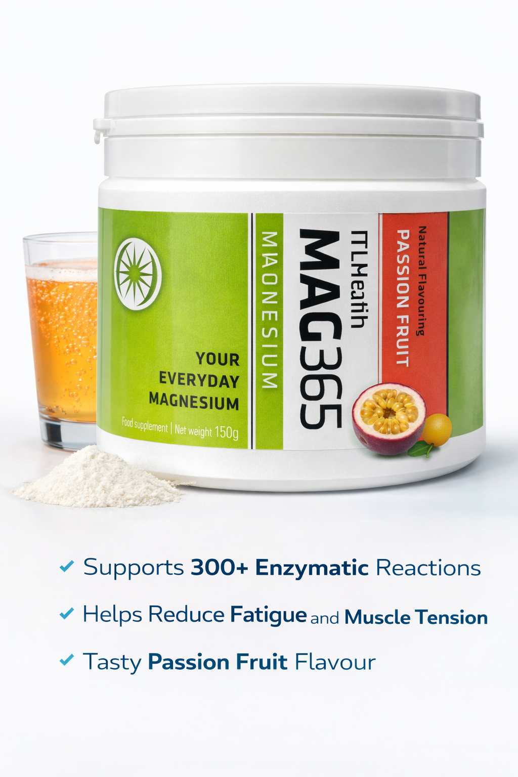 MAG365 Magnesium supplement container with a glass of orange juice and powder on a white background