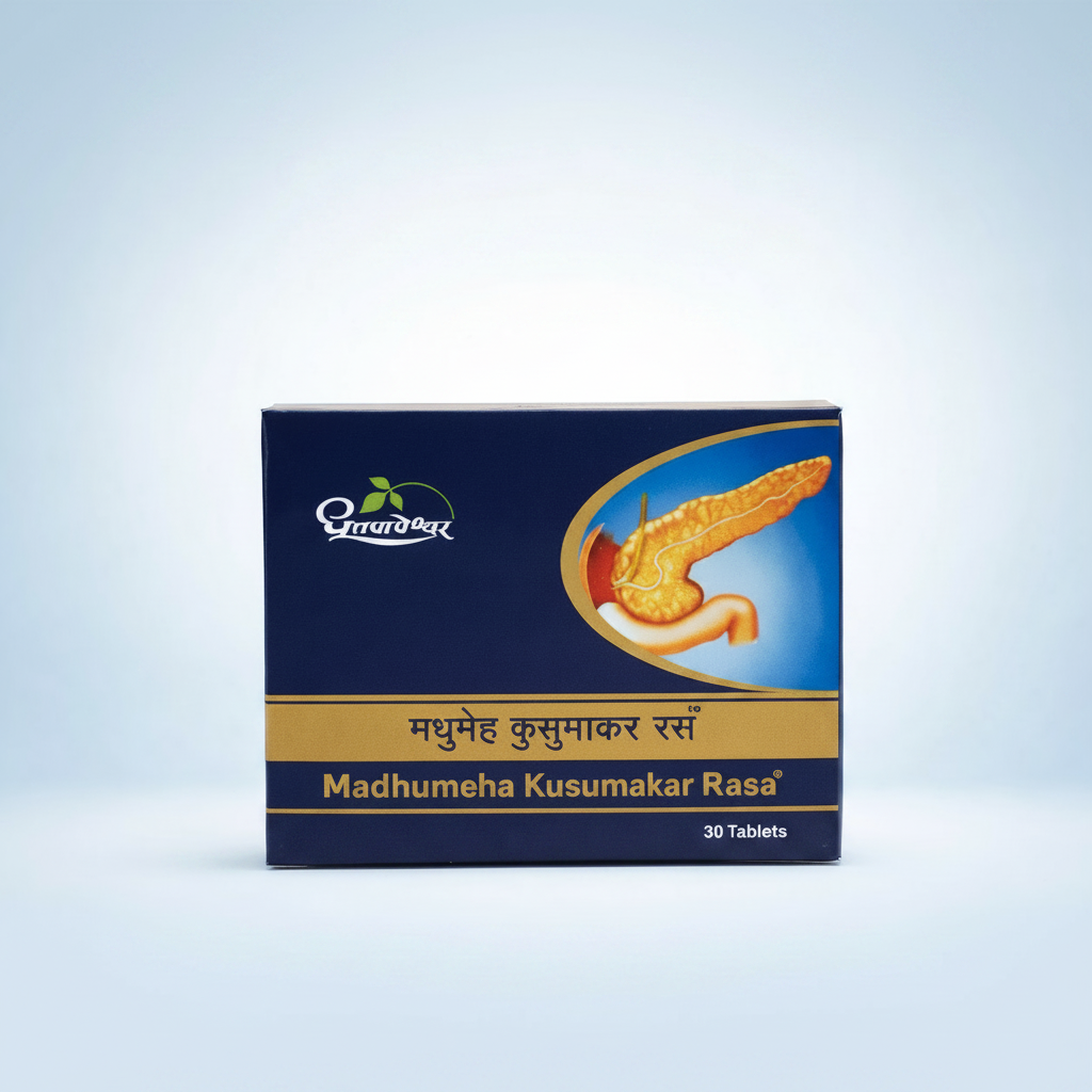 Box of Madhumeha Kusumakar Rasa tablets for diabetes care by Dhootapreshwar on a light blue background.