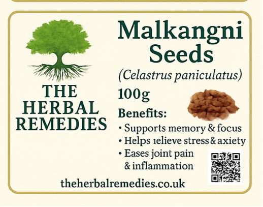 Label for Malkangni Seeds with tree icon, product name, weight, benefits, and QR code on a white background.