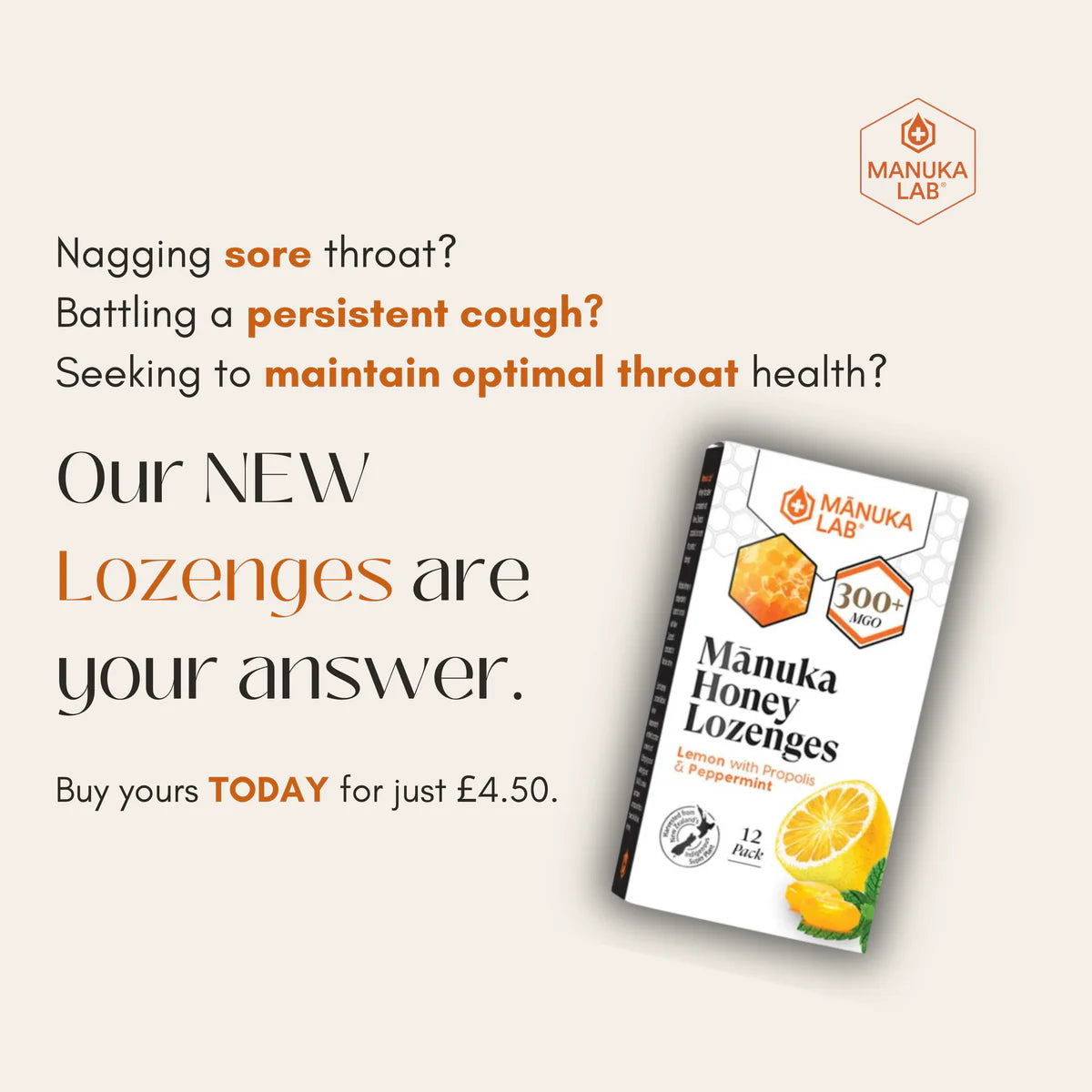 Manuka Honey Lozenges with Lemon, Peppermint & Propolis (12 Pack) are soothing throat lozenges combining high-grade 300MGO Manuka honey with propolis, lemon, and peppermint. These ingredients work synergistically to alleviate throat discomfort and support respiratory health.