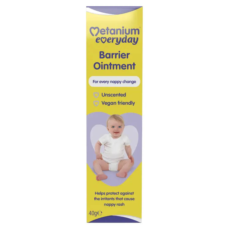 Metanium everyday Barrier Ointment packaging with a baby illustration on a white background