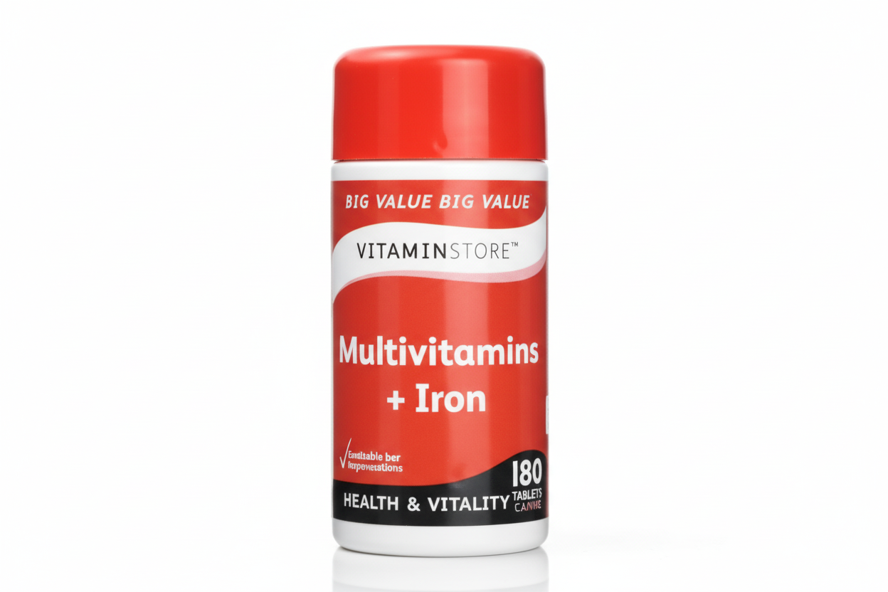 Multivitamin supplement container with red and white label on a white background