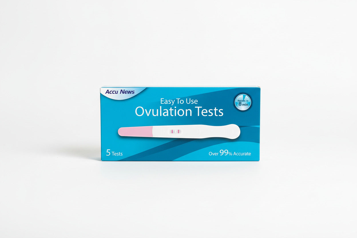 Ovulation test kit with Accu News branding on a blue background