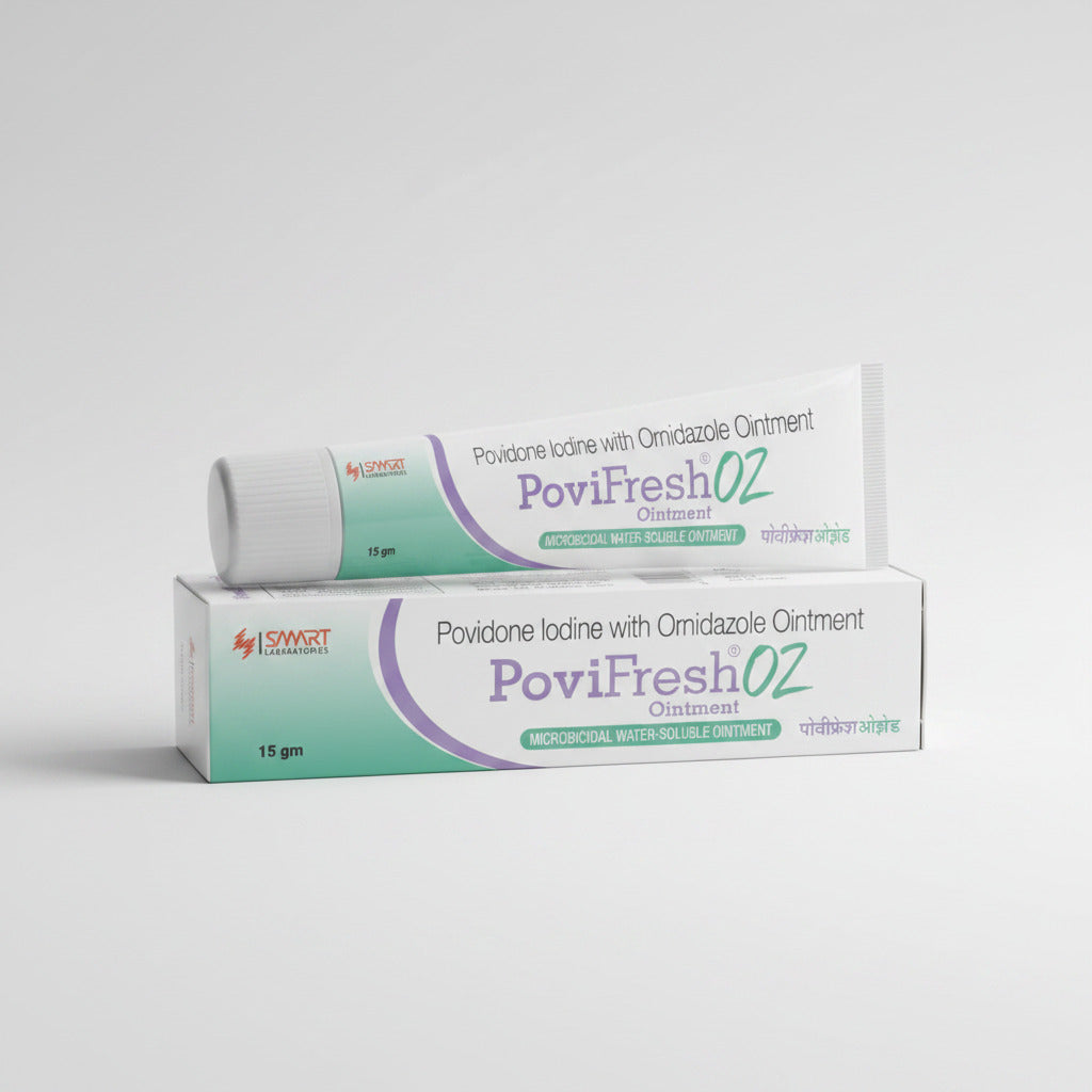 Povifresh ointment packaging, which includes a tube and box, with branding and product information displayed.