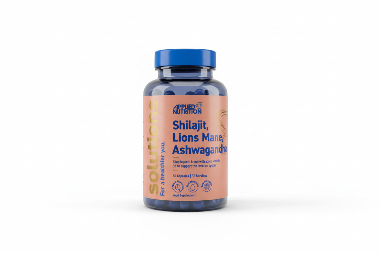 Bottle of Applied Nutrition Shilajit, Lions Mane, Ashwagandha supplement on a light background