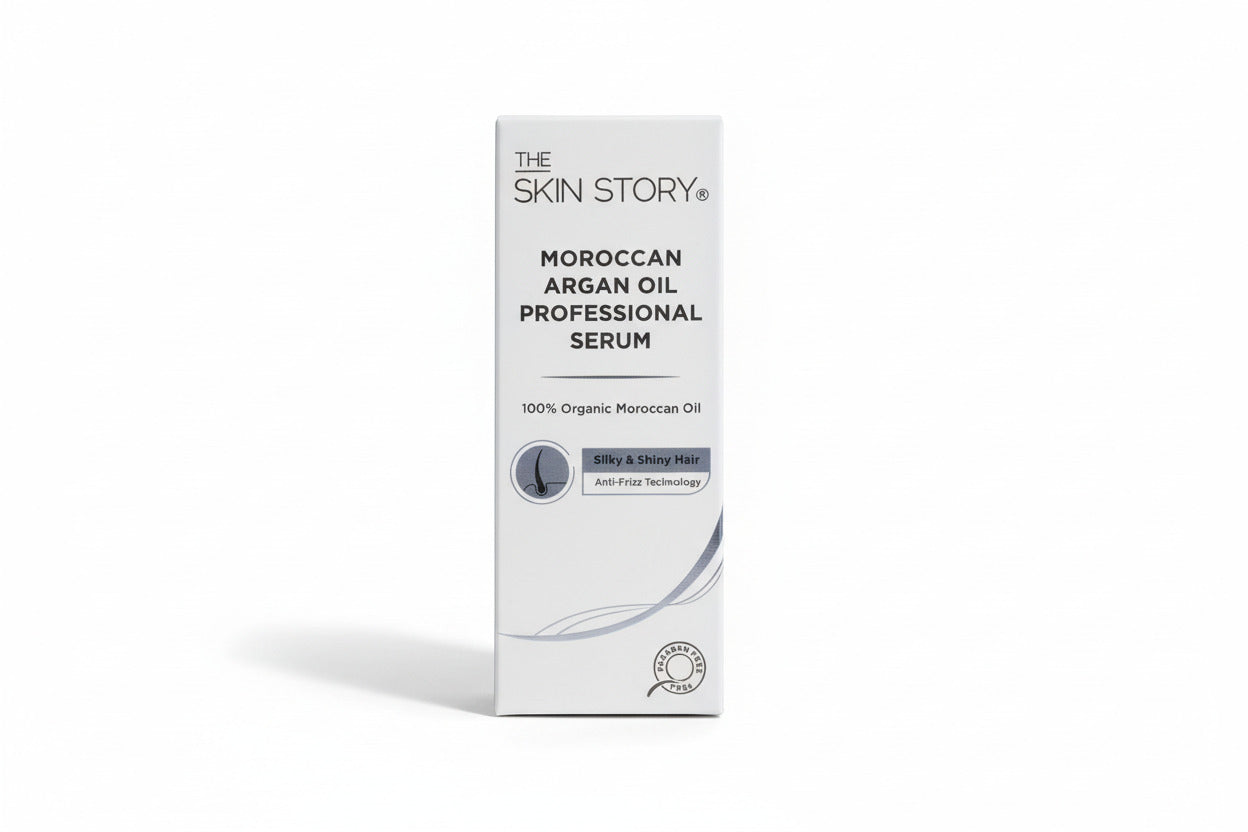 The Skin Story Moroccan Argan Oil Professional Serum packaging on a wooden surface with handwritten notes.