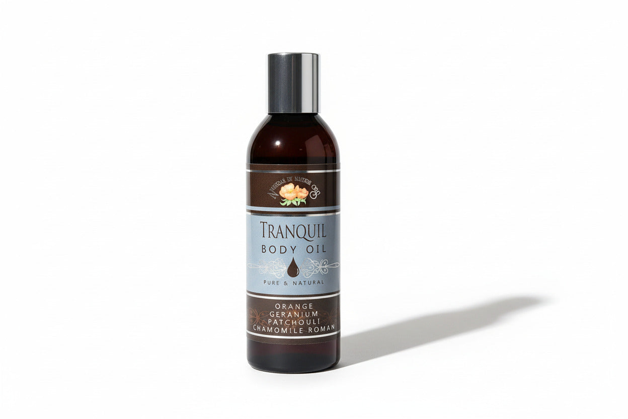 Bottle of Tranquil Body Oil on a light surface next to a keyboard