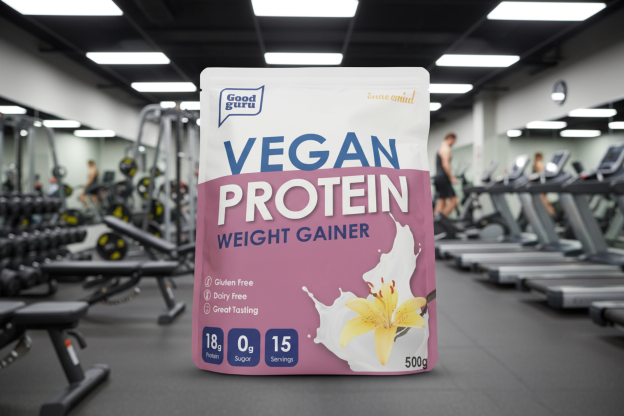 Vegan protein weight gainer powder packaging with vanilla flavor indication