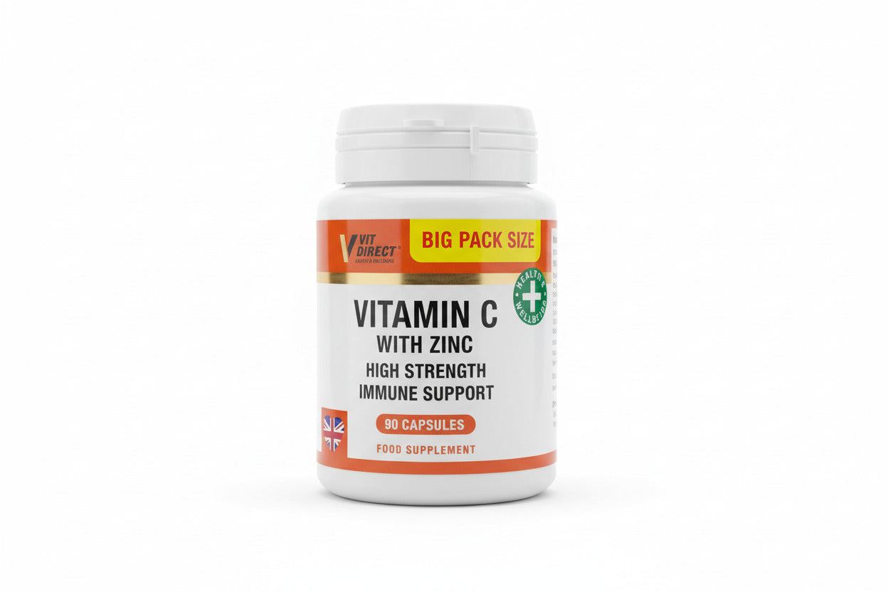 Vitamin C with Zinc supplement container on a white background
