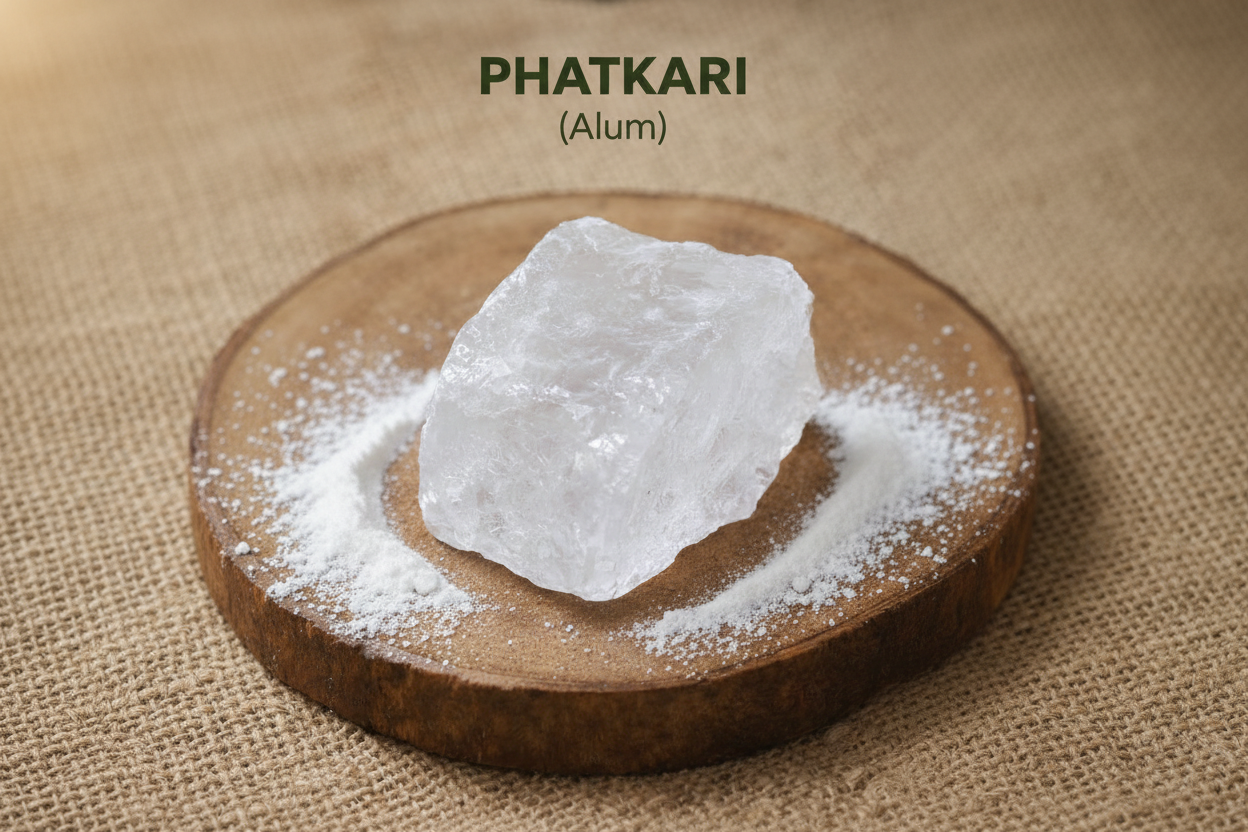 Raw alum crystal on a wooden surface with 'PHATKARI' branding.