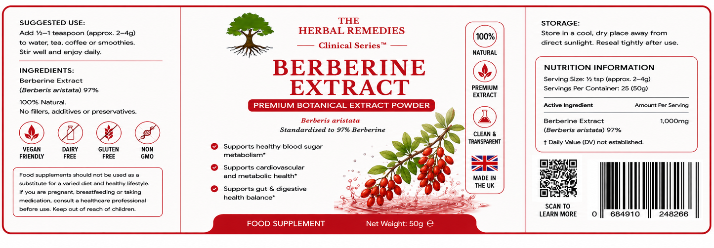Label of Berberine Extract supplement with red berries and text on a white background