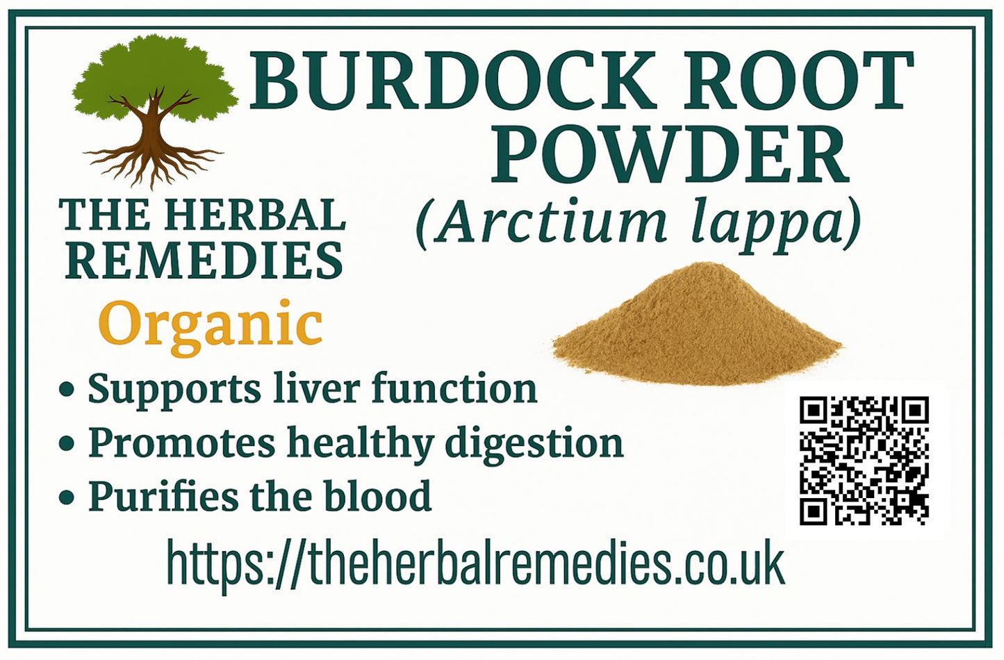 Burdock root powder packaging with text about benefits and a QR code.