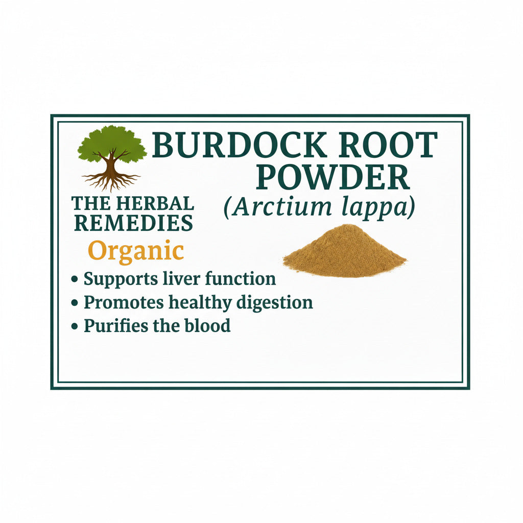 Burdock root powder packaging with text about benefits and a QR code.