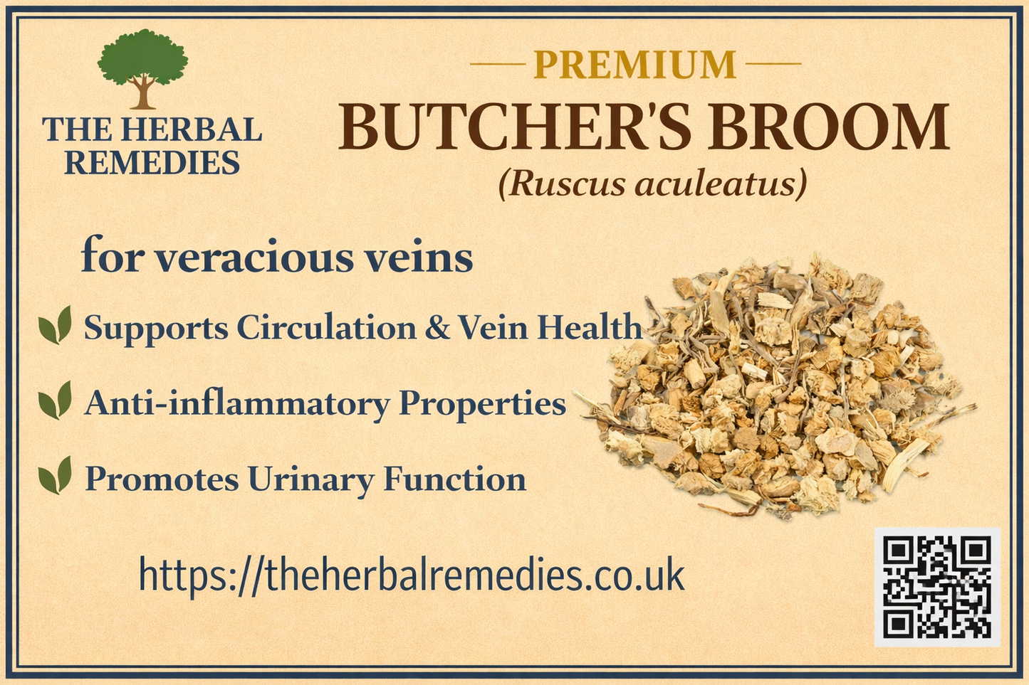 Advertisement for Butcher's Broom with text and image of dried herb on a beige background.