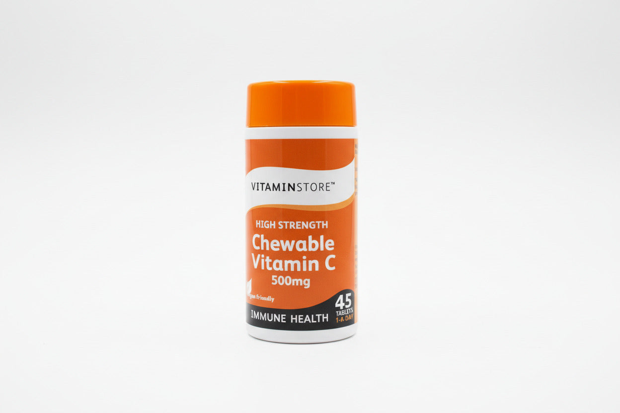 Vitamin store high strength chewable vitamin C supplement bottle on a light background