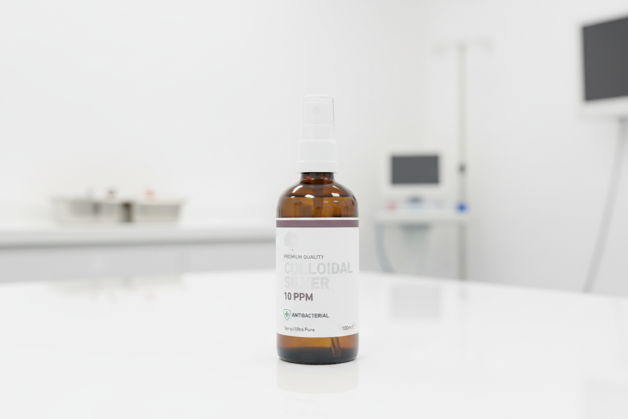 Bottle of colloidal silver solution with a label on a wooden surface.