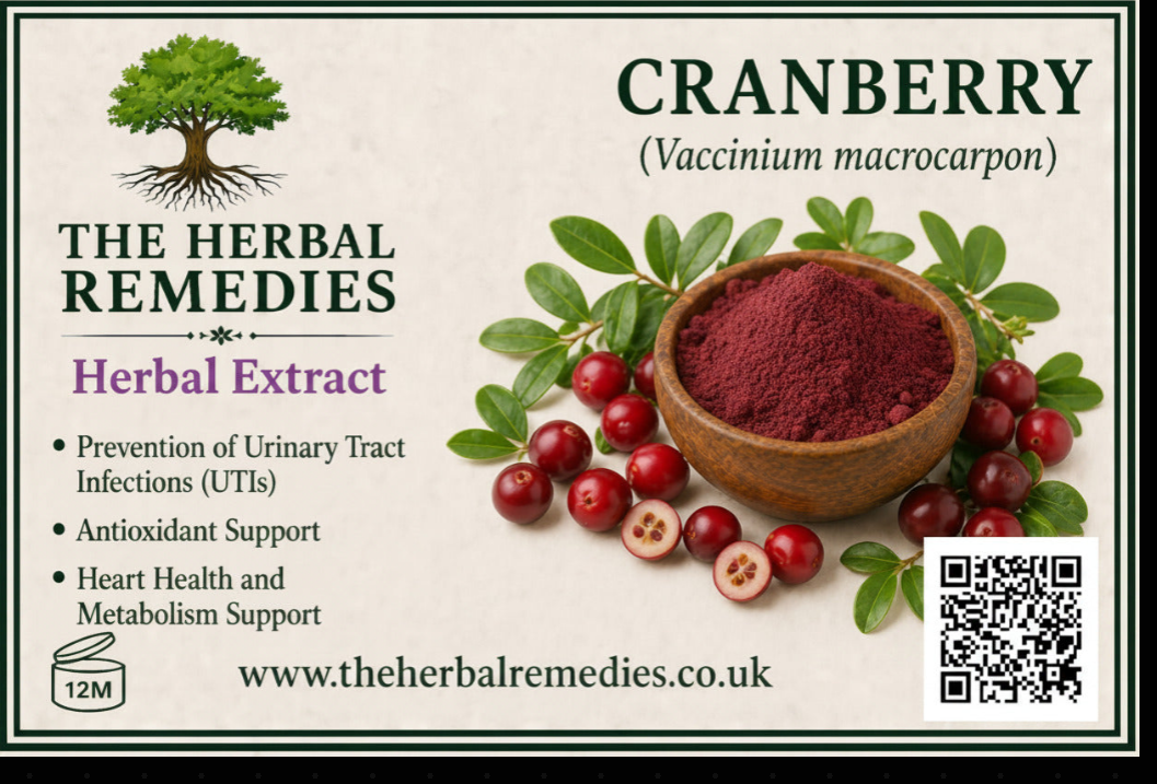 Advertisement for cranberry herbal remedy with text and image of cranberries and powder.