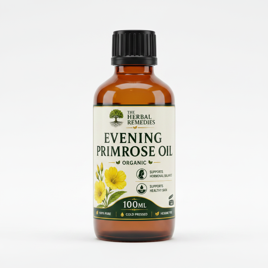 Label for Evening Primrose Oil from The Herbal Remedies with floral design and product details.