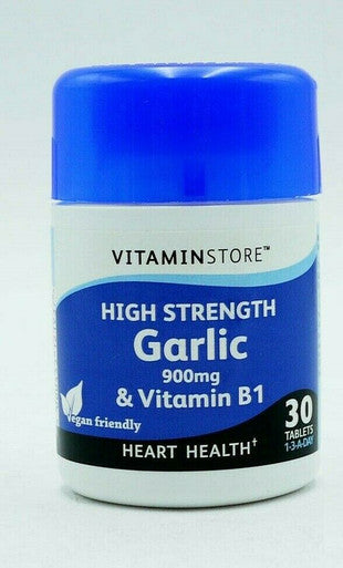 high strength Garlic 900mg and Vitamin B1 tablets 30 vegan healthy heart