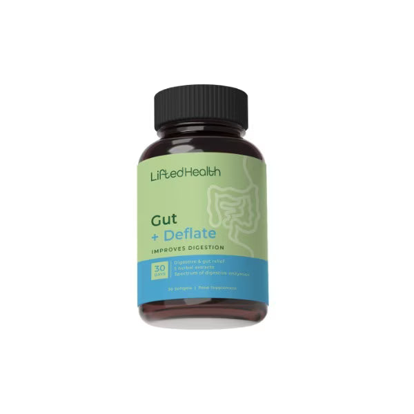 Bottle of Lifted Health Gut + Deflate supplement on a white background