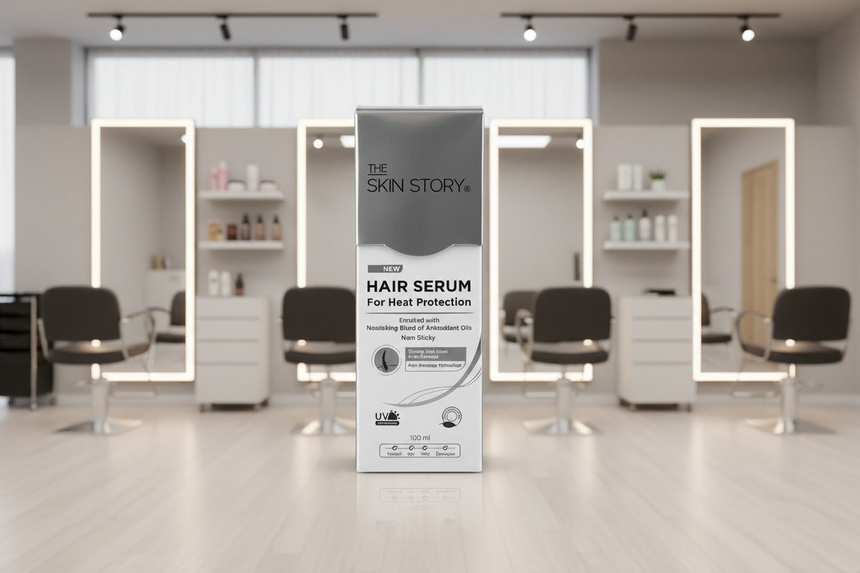 The Skin Story hair serum packaging on a desk with a keyboard in the background