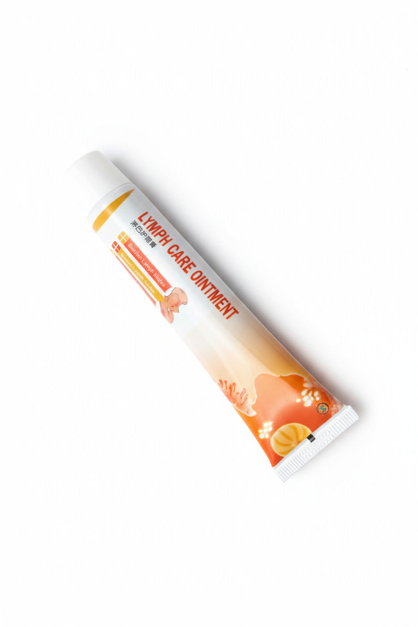Tube of lymph care ointment on a gray surface with a price tag attached.