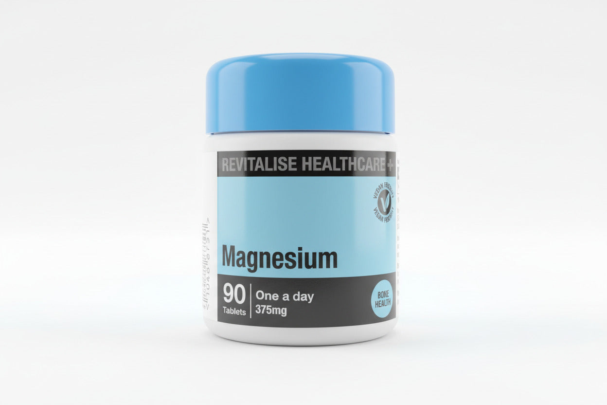 Bottle of magnesium supplements with a blue and white label on a beige background