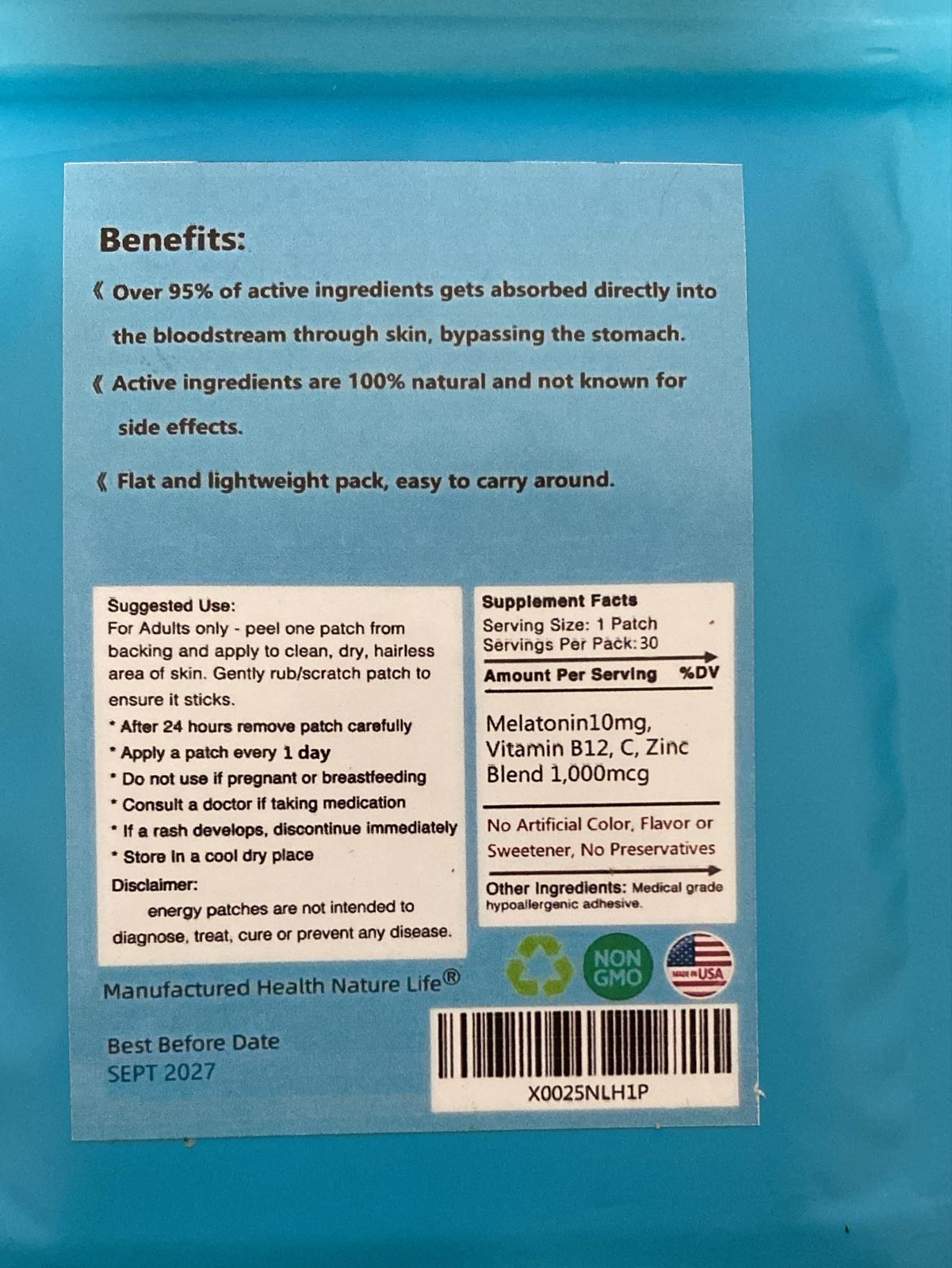 Natural Deep Sleep Patches, enriched with Melatonin, Vitamin B12, Vitamin C, and Zinc x 30
