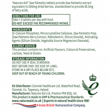 Saw Palmetto 60 TABLETS Equivalent to 500mg of Saw Palmetto Berries proving both fatty acids and phytosterols.