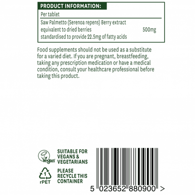 Saw Palmetto 60 TABLETS Equivalent to 500mg of Saw Palmetto Berries proving both fatty acids and phytosterols.