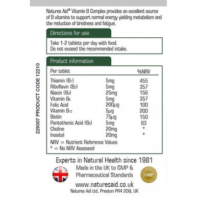 Vitamin B complex Natures Aid 90 tablets reduce tiredness and fatigue.