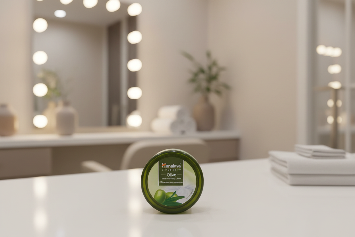 Himalaya Olive Extra Nourishing Cream jar on a wooden surface