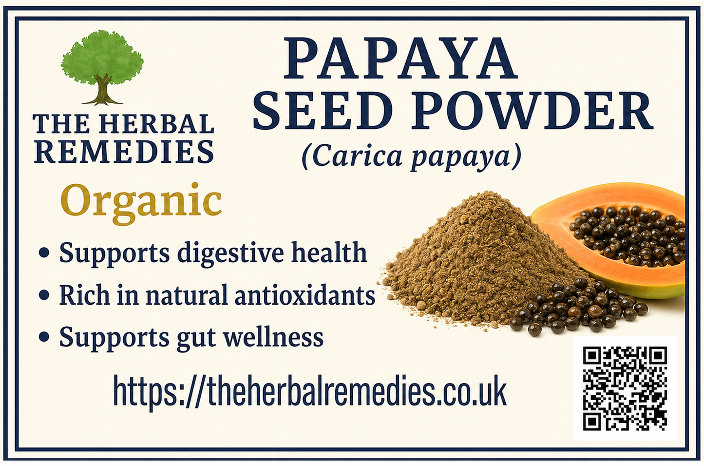 Advertisement for Papaya Seed Powder by The Herbal Remedies with text and images of papaya seeds and powder.