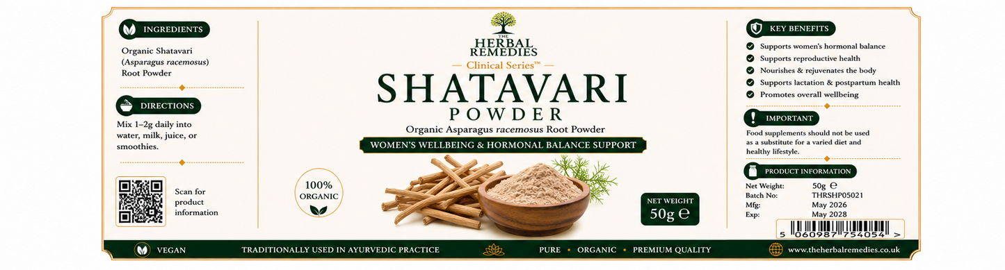 Shatavari powder packaging with branding and product details on a white background