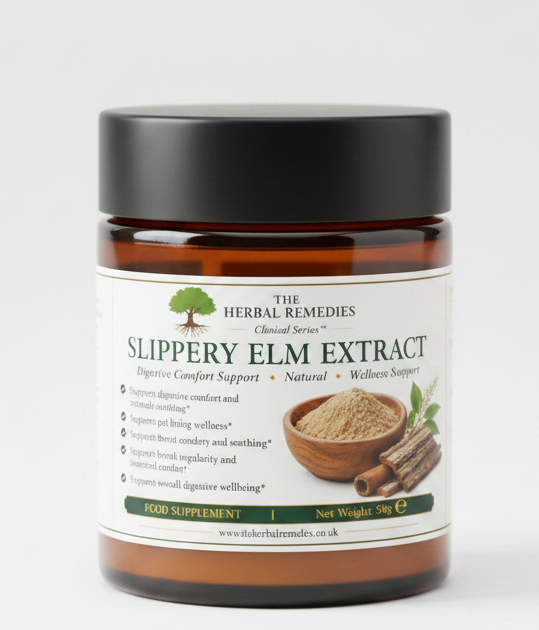Back and front packaging of Herbal Remedies Slippery Elm Extract, showing product details, ingredients, suggested use, and a barcode on a white background.